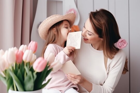 happy mother's day concept. child daughter congratulates mom and gives her flowers tulips, mother and daughter, mother with flowers from beautiful daughter, mother's day concept, Generative AI