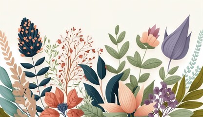 white banner or floral backdrop decorated with gorgeous multicolored blooming flowers and leaves border. Spring botanical flat vector illustration on white background