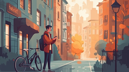 illustration of a young student with a backpack typing something on his smartphone in a city. Generative AI