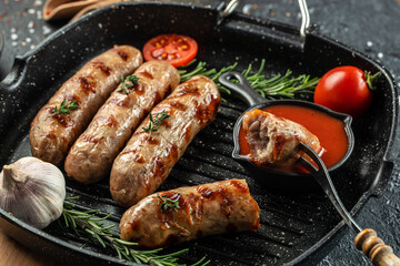 Roasted pork meat sausages on the grill pan. banner, menu, recipe place for text, top view