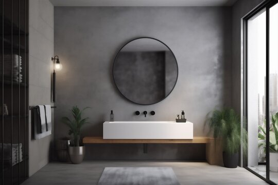 room luxury bathroom washbasin interior mirror design concrete home sink gray. Generative AI. Generative AI