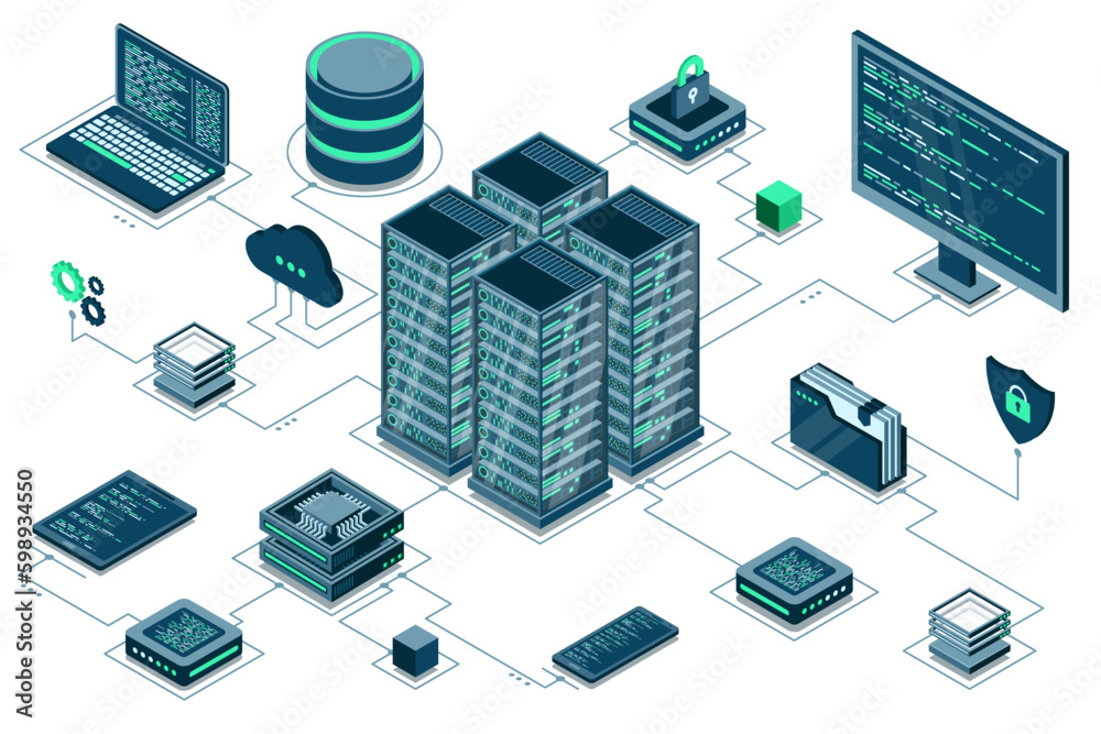 Poster computer technology isometric illustration. computation of big data center. cloud computing. online 
