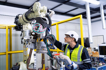 Engineer service robot welding in factory software programming operation test and commissioning
