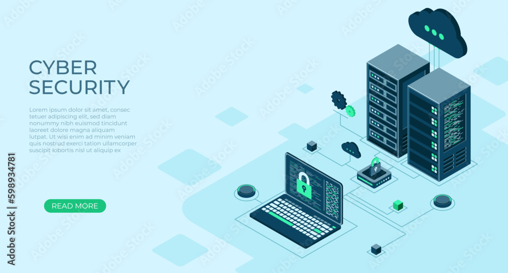 Poster cyber data security. internet security isometric concept. server room connected with laptop through 