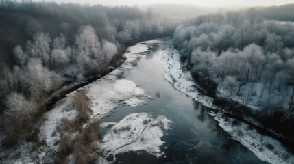 aerial view of a river in winter. Generative AI