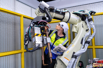 Fototapeta premium Engineer service robot welding in factory software programming operation test and commissioning