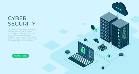 Cyber data security. Internet security isometric concept. Server room connected with laptop through protected hub. Online server protection system concept. Vector illustration - obrazy, fototapety, plakaty