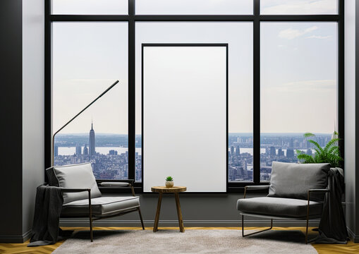 Picture mock up in the office with New York cityscape seen trough the window. Empty space for a text or image. Copy space, add design. Ai generative