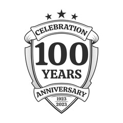 Obraz premium 100 years anniversary icon or logo. 90th yubilee celebration, business company birthday badge or label. Vintage banner with shield and ribbon. Wedding, invitation design element. Vector illustration.