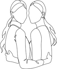 Abstract portrait of two young beautiful women. Friends, sisters or couple. Continuous one line drawing isolated on white. Vector illustration in a simple modern style.