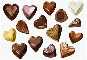 Chocolate sweets in the form of hearts on a white background. AI Generated