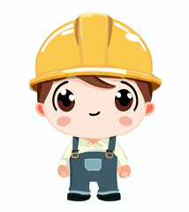 Cute little happy factory builder worker, vector art
