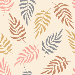 Fototapeta na wymiar Simple vector seamless pattern with leaves, neutral pastel color background