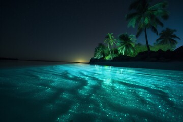 Fototapeta na wymiar ocean paradise sky tree luminous tropical blue palm vacation beach night. Generative AI. Generative AI
