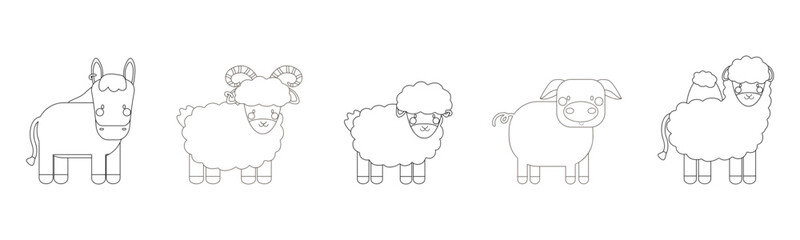 outline vector set with donkey, ram, sheep, pig, camel