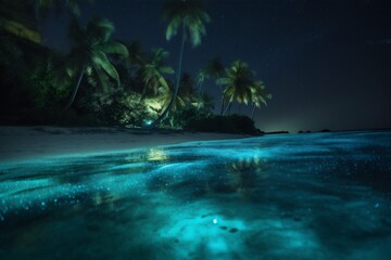 Fototapeta na wymiar blue night paradise beach sky ocean palm tropical tree vacation luminous. Generative AI. Generative AI
