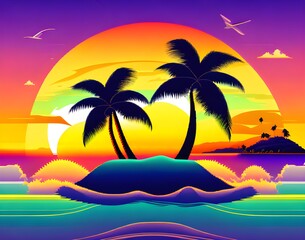 Fototapeta na wymiar Summer romantic landscape, palm trees and the ocean at sunset. Flat cartoon style. AI generation