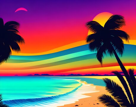 Summer romantic landscape, palm trees and the ocean at sunset. Flat cartoon style. AI generation