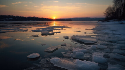 Fototapeta na wymiar a frozen lake in the sunset. Generative AI