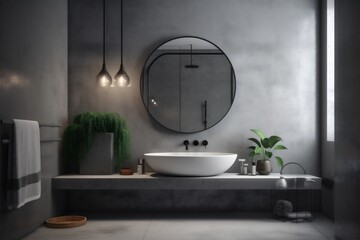 Naklejka na ściany i meble concrete home gray interior house mirror sink room design bathroom luxury. Generative AI. Generative AI
