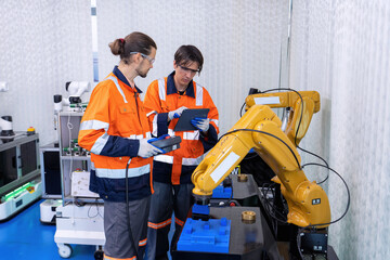 Engineer service robot welding in factory software programming operation test and commissioning