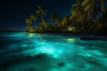 Fototapeta na wymiar night luminous palm tropical vacation ocean paradise blue beach sky tree. Generative AI. Generative AI