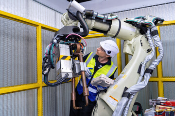 Engineer service robot welding in factory software programming operation test and commissioning