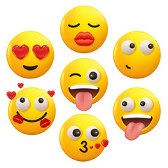 Yellow Icon Smile Emoji, 3d Emotions face fall in love, isolated on white.