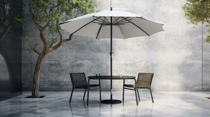 an umbrella two chairs and a table on a terrace. Generative AI