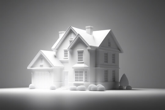real estate, white cottage house model on white background, created with Generative AI.