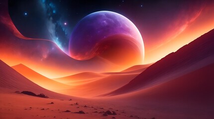 Realistic illustration of galactic landscape, desert with bold tones and colors, captivating atmosphere, intricate details in the sky and landscape. AI generated