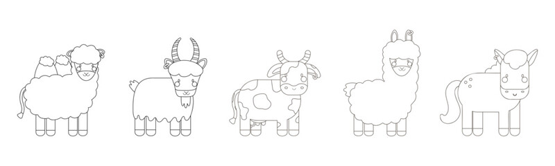 outline vector set with camel, goat, cow, llama, alpaca, horse 