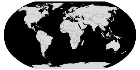 Vector map of the world with the country of Senegal highlighted highlighted in orange on a dark background.