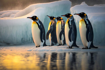 Penguins on ice near the ocean. Created with Generative AI technology.