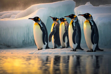 Fototapeta premium Penguins on ice near the ocean. Created with Generative AI technology.