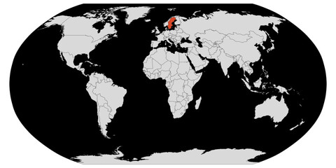 Vector map of the world with the country of Sweden highlighted highlighted in orange on a dark background.