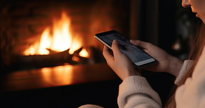 a woman is doing something on her smartphone in front of a burning fireplace. Generative AI
