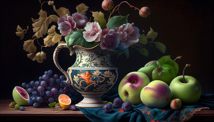 Fresh Fruit Still Life Bowl Pitcher Flower Bouquet with Silk Cloth on Juicy Background AI Generative