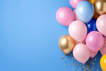 banner, colorful balloons on blue background
