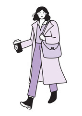 Hand drawn woman or young adult walking in casual clothes with takeaway coffee, outlined isolated vector illustration in line design