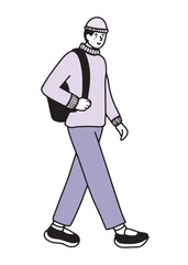 Hand drawn young adult, male walking with backpack, outlined isolated vector illustration in line design