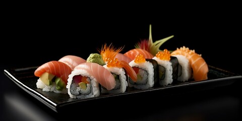 Sushi  rolls on black plate. Close up, black background, ai illustration 