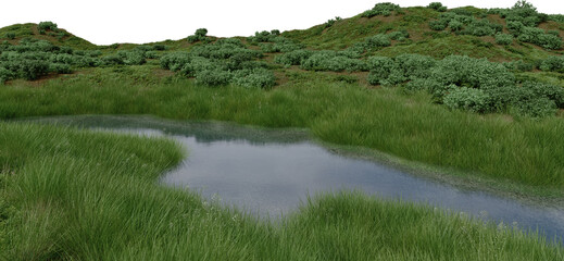 Realistic grass plain and river. 3d rendering of isolated objects.