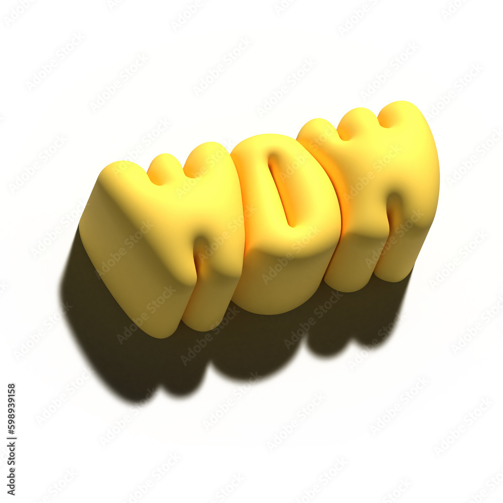 Fototapete Raster 3d modeling clay word - wow. Realistic 3d render lettering on yellow background. Creative monochrome colorful design. Volume bold typography style.