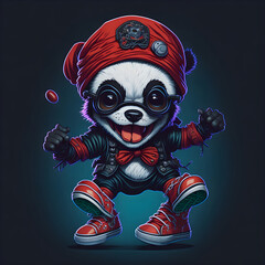 T-shirt design Anthropomorphic cute and adorable charming smiling pirate jumping Panda wearing a pair of small Chuck Taylor sneakers, pirate hat and red turban