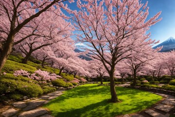 Obraz na płótnie Canvas Sakura blossoms in japanese style ornamental garden, beautiful landscape. Generative AI.