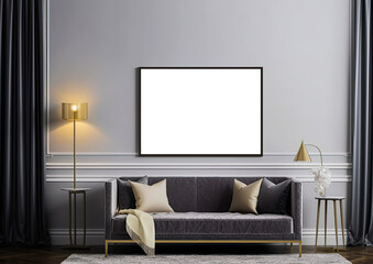 Picture mock up on the wall in living room with sofa and a lamp. Empty space for a text or image. Copy space, add design. Ai generative