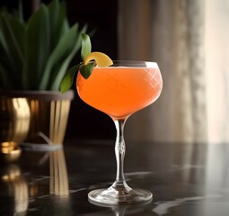 Close up of bloody orange alcohol cocktail in a a stylish wine glass in an interior of a modern kitchen. Trendy refreshing italian cold orange cocktail. Generative AI