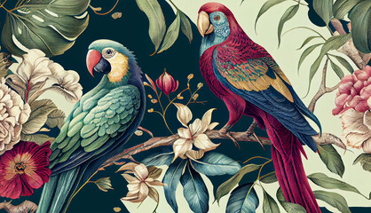 A beautiful bird colorful with seasonal spring theme. Vintage and classic retro bird illustration background for wallpaper. Generative Ai.
