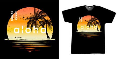 Tee Ocean Hawaii Sunset. T-shirt and apparel vector design, print, aloha typography, poster, emblem sea with palm trees, editable - obrazy, fototapety, plakaty